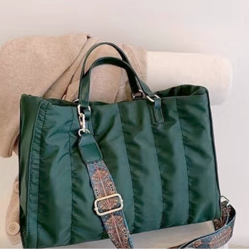 Quilted Puffer Crossbody Tote with Woven Strap